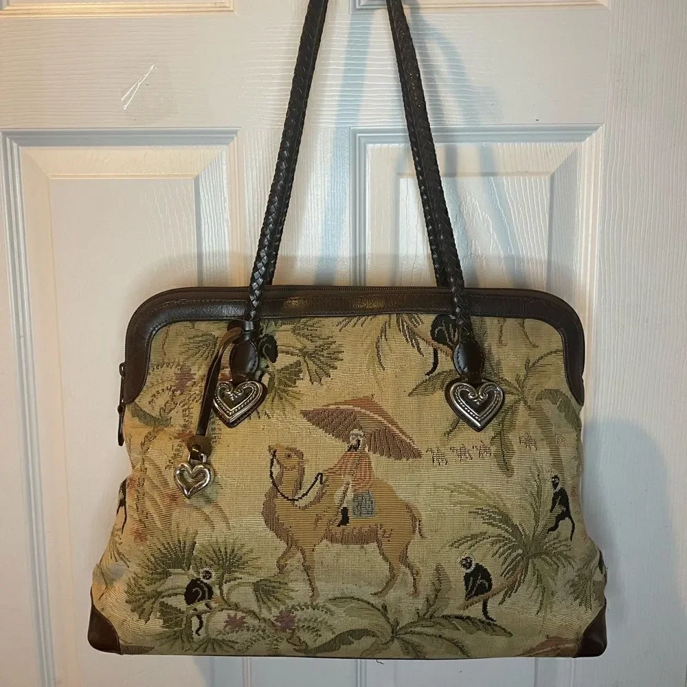 Brighton tapestry Safari prints large shoulder bag braided brown leather straps